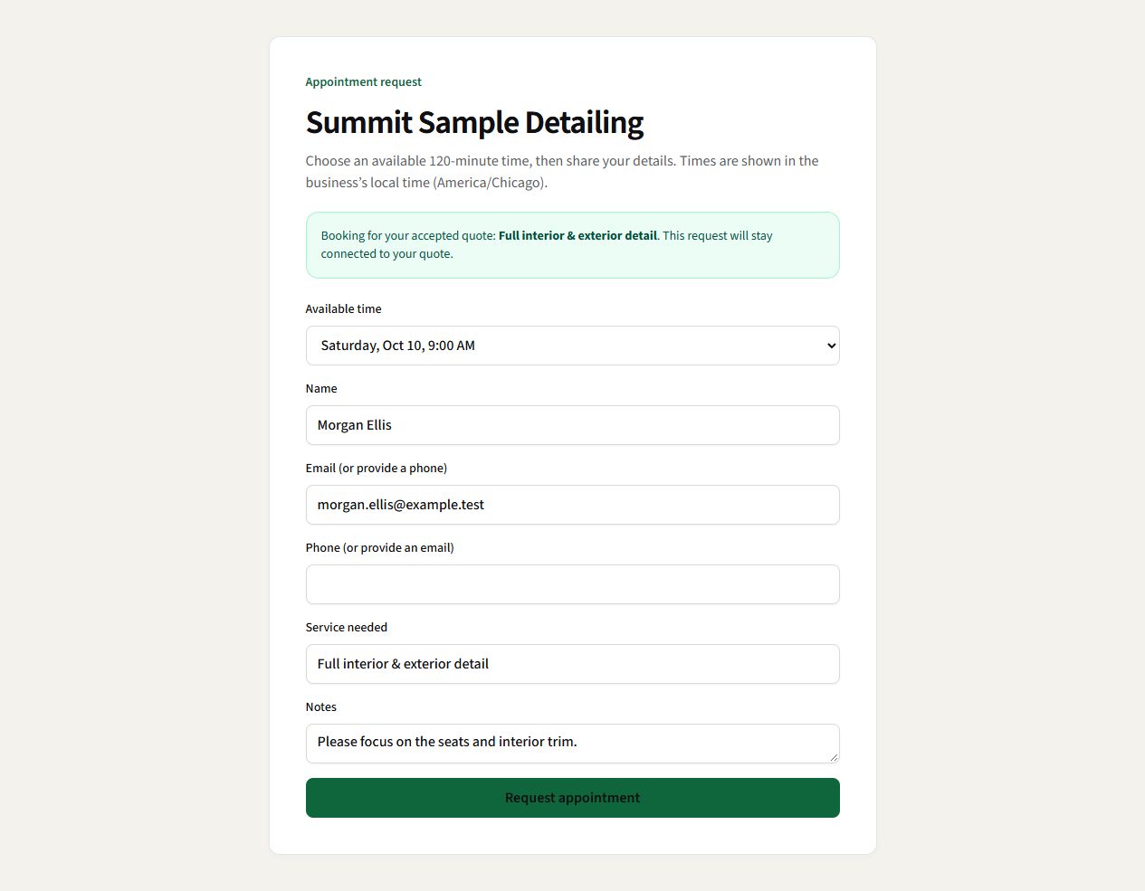A sample DetailMetrik customer booking page showing available times and appointment request details.
