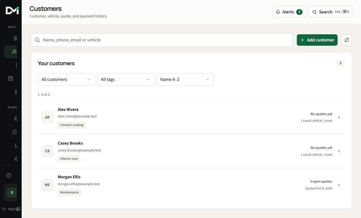 The DetailMetrik customer directory showing sample customers and search and filter controls.