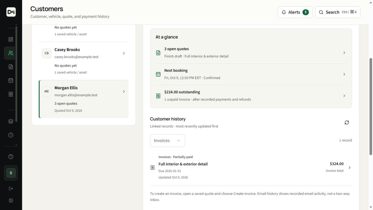 A sample customer's connected quotes, appointments and invoices in DetailMetrik.
