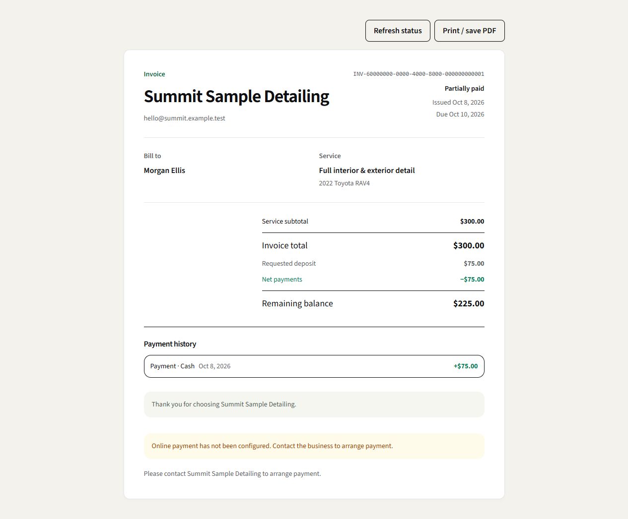 A sample customer invoice showing the requested amount, payments recorded and remaining balance.