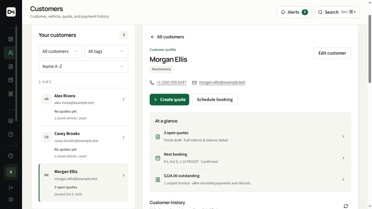 A sample DetailMetrik customer profile with contact details, quotes, upcoming work and an outstanding invoice.