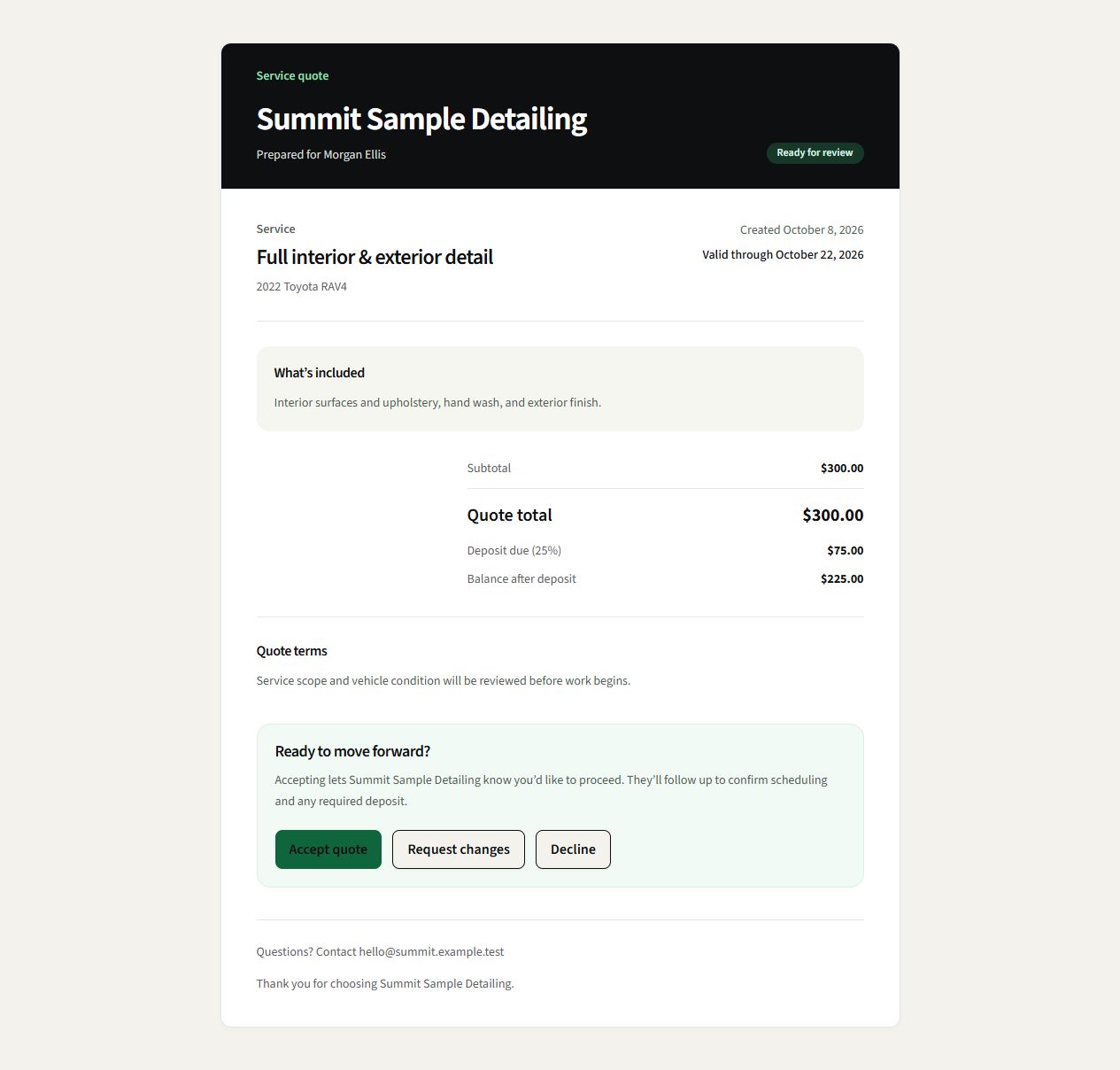A sample customer-facing DetailMetrik quote with services, total and response options.