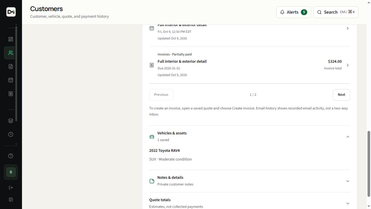 A sample customer's saved vehicle details in DetailMetrik.