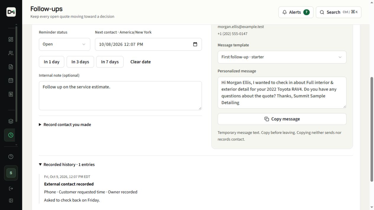 Sample DetailMetrik contact history with channels, outcomes and notes.