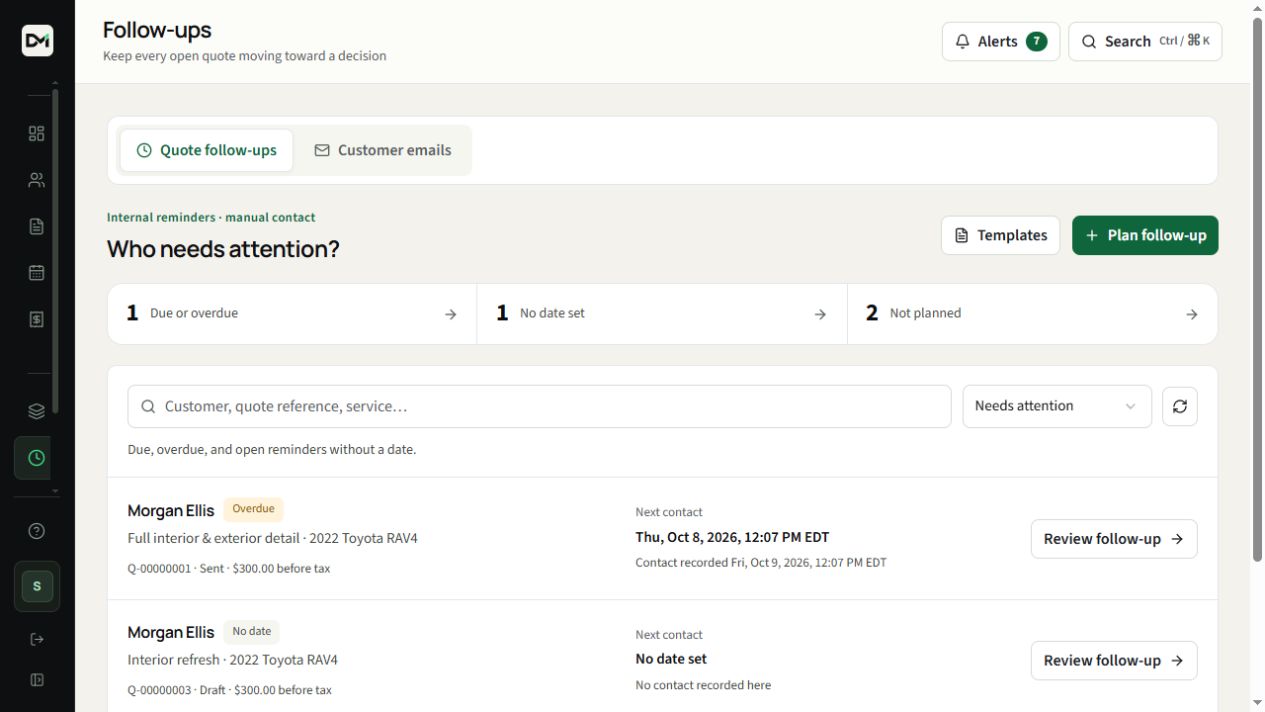 DetailMetrik follow-up tasks with sample quotes and next-contact dates.