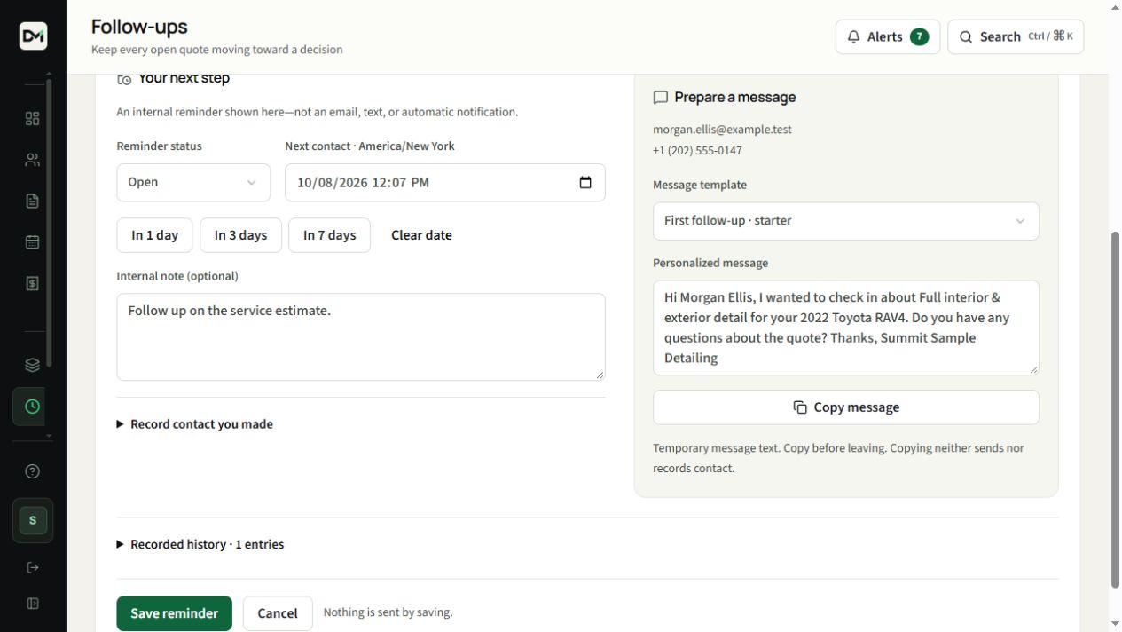 A sample customer message prepared from a DetailMetrik follow-up template.