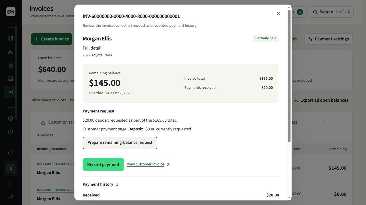A sample DetailMetrik invoice with its due date, deposit request, payments received and remaining balance.