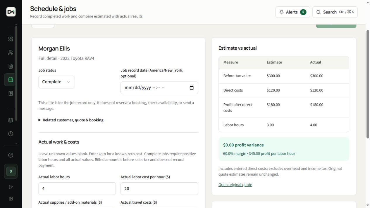 A sample completed job's recorded time and costs compared with its estimate in DetailMetrik.