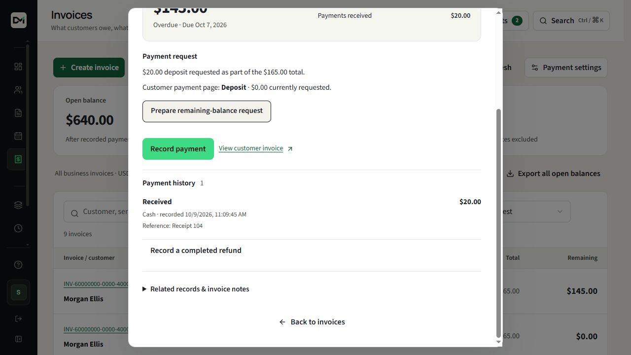 A sample invoice's recorded payment history in DetailMetrik.