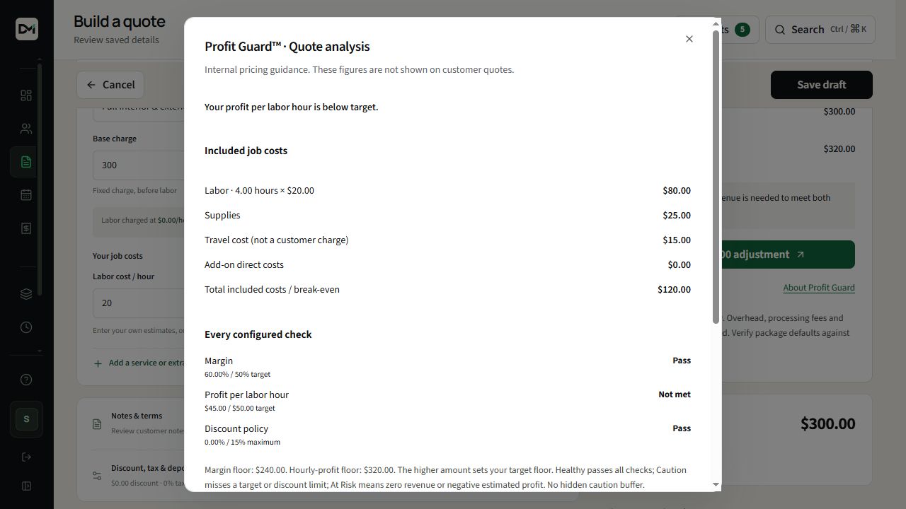 Profit Guard showing the labor, supply and travel costs included in a sample quote.