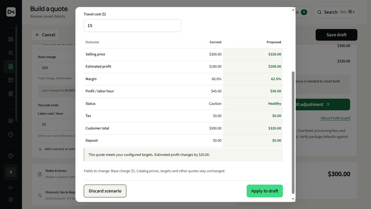 Profit Guard comparing a sample quote's current price with a proposed adjustment.