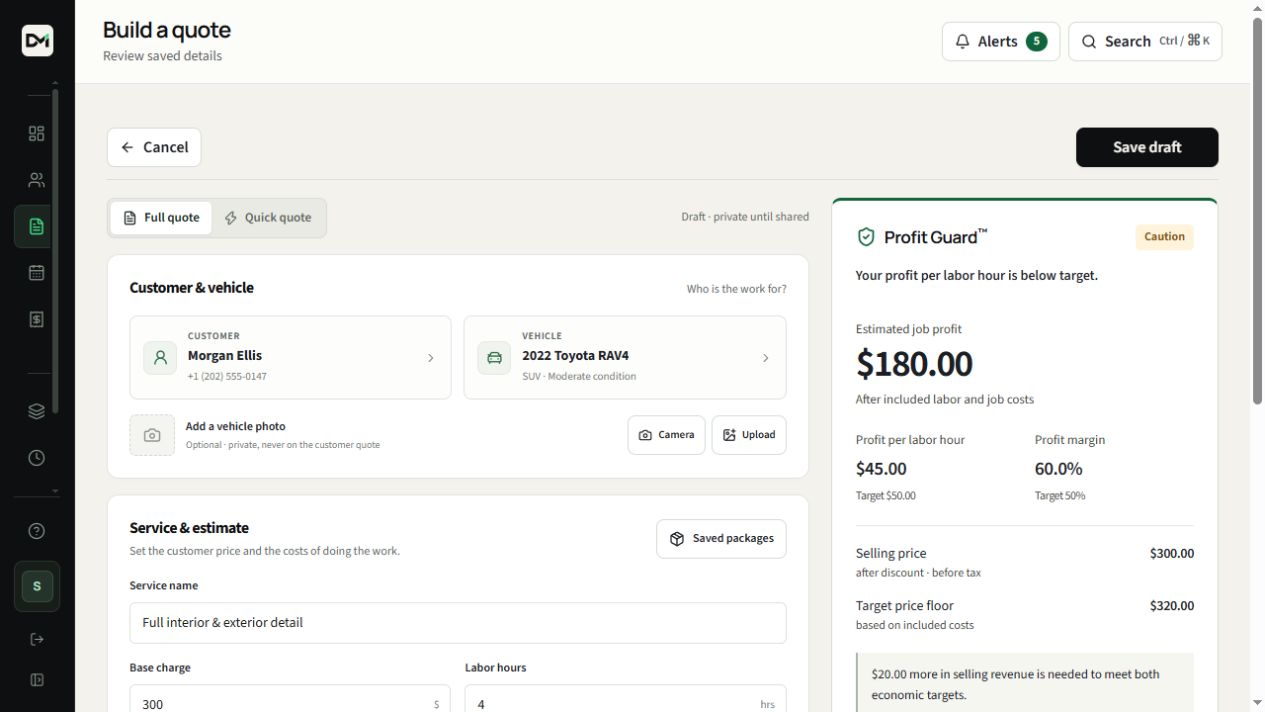 DetailMetrik quote builder with a sample customer, vehicle, service and private Profit Guard review.