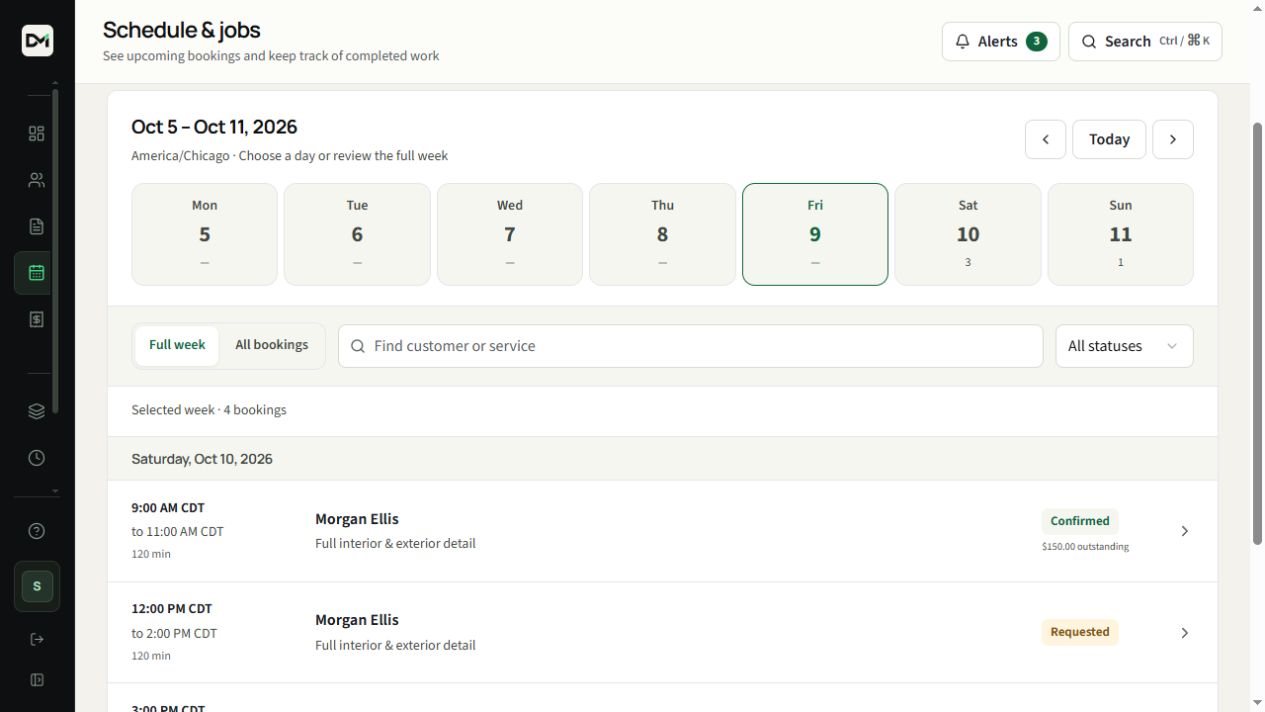 The DetailMetrik schedule with sample appointments and their booking details.